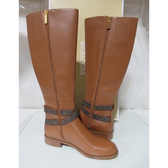 Michael Kors Rory Knee High Riding Boots MK Logo Embossed Strap Luggage Size 7 - Picture 8 of 12